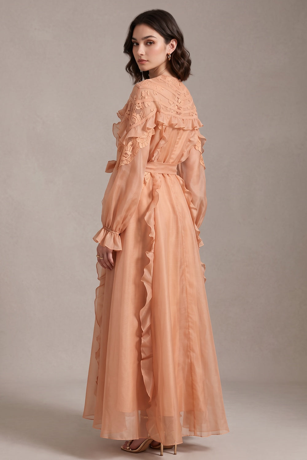 0359051b2ec47382 PEACH SHEER ORGANZA A-LINE MAXI DRESS FOR WEDDINGS