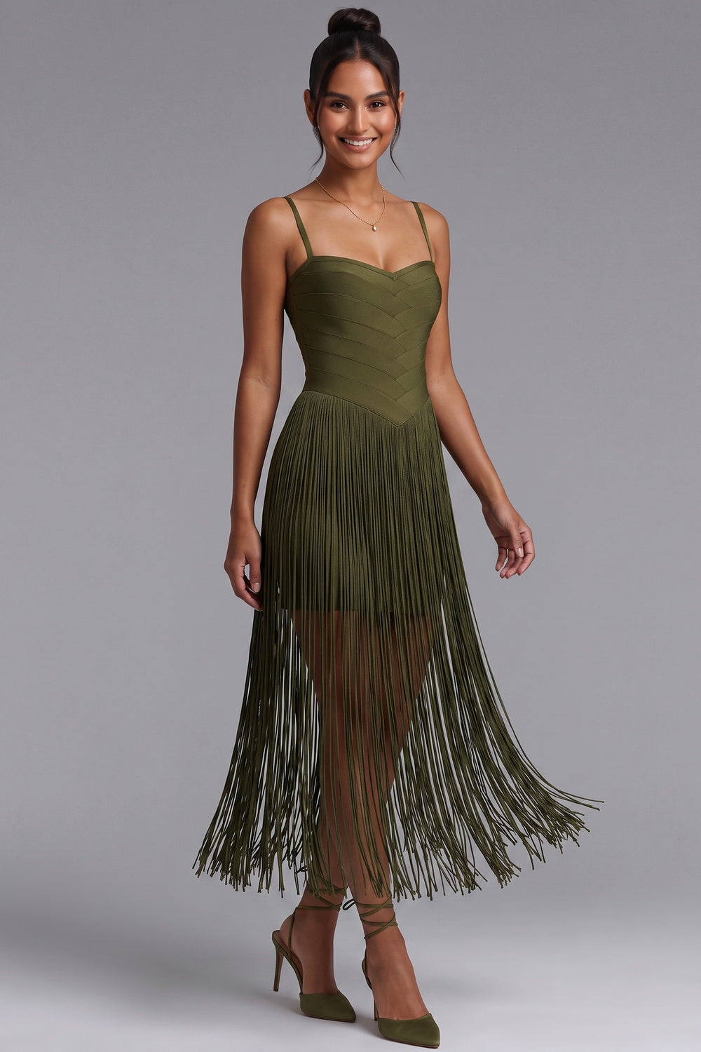 0446cab585984a8e OLIVE STRETCH KNIT FRINGE BODYCON DRESS