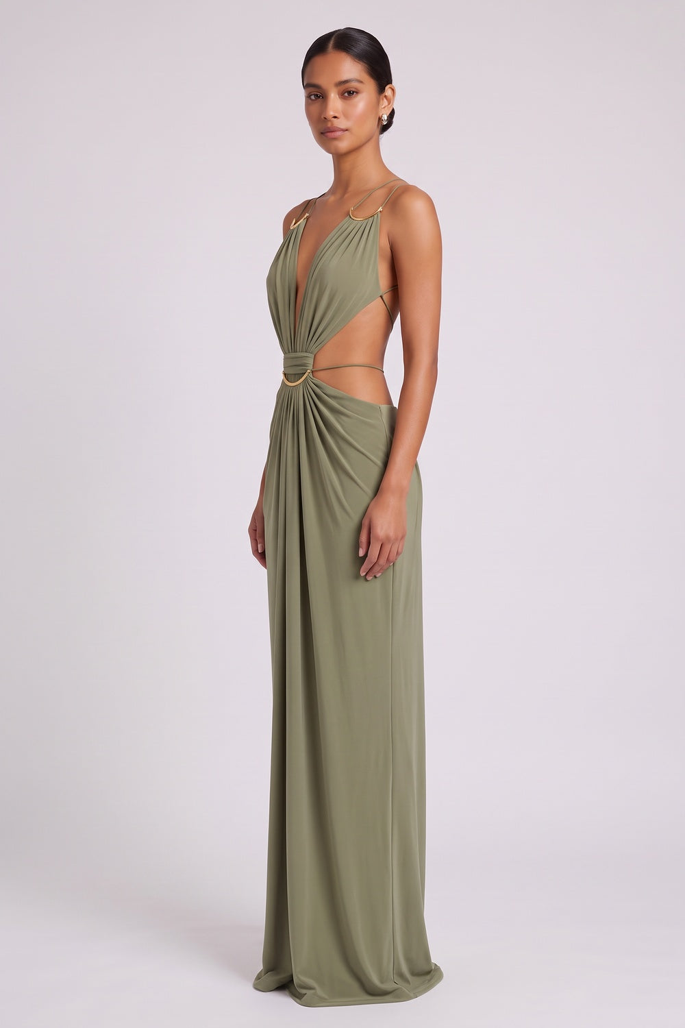 063cbfd67463ab22 OLIVE GREEN JERSEY COLUMN DRESS WITH CUTOUTS