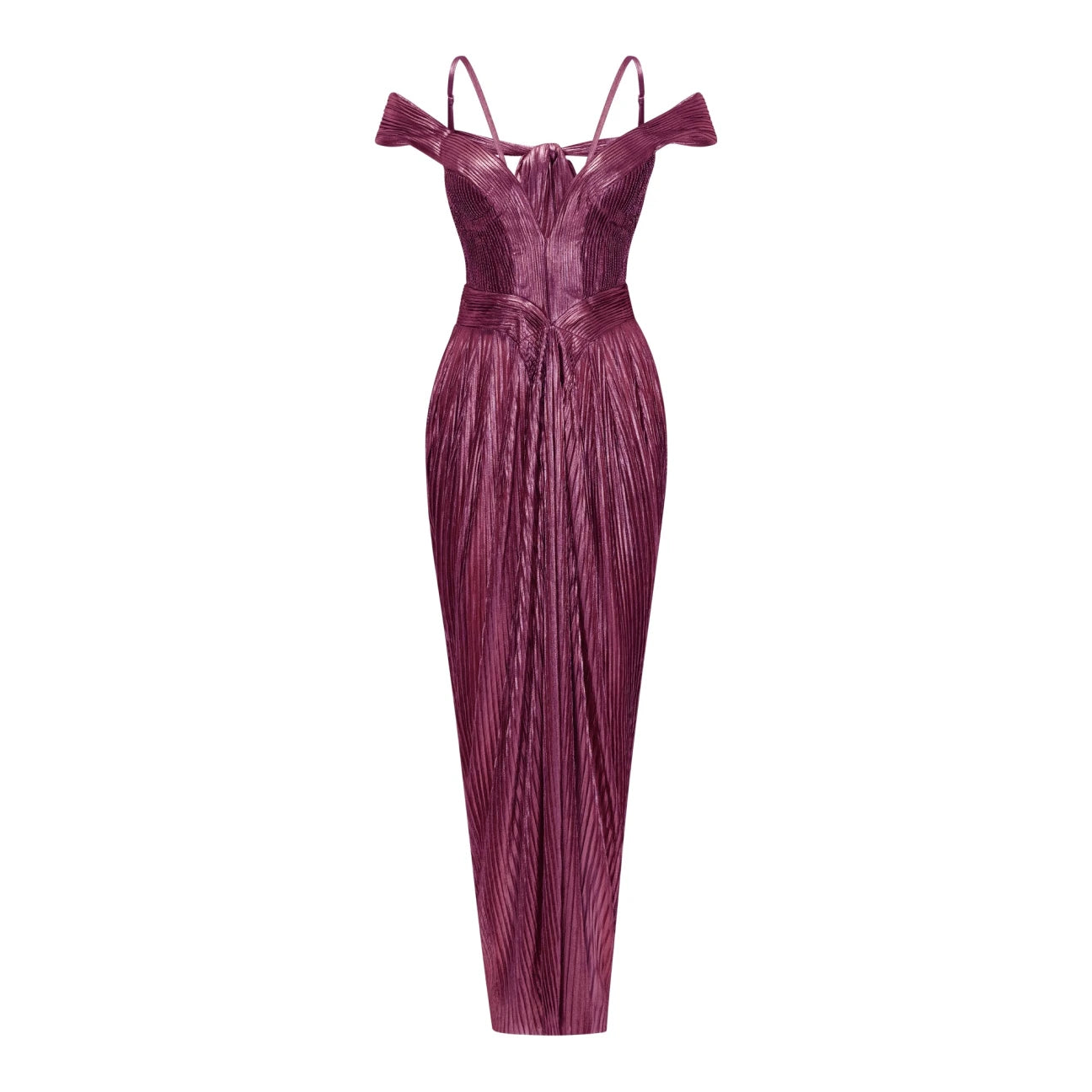 PLUM SATIN PLEATED COLUMN EVENING GOWN