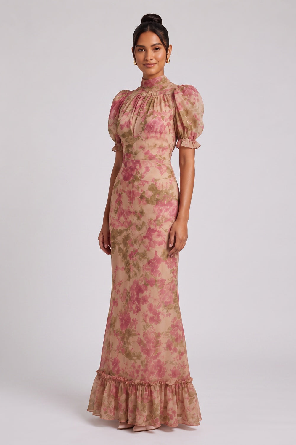 075c84e53854c17c BEIGE FLORAL CHIFFON MERMAID DRESS | PUFF SLEEVE WEDDING GUEST