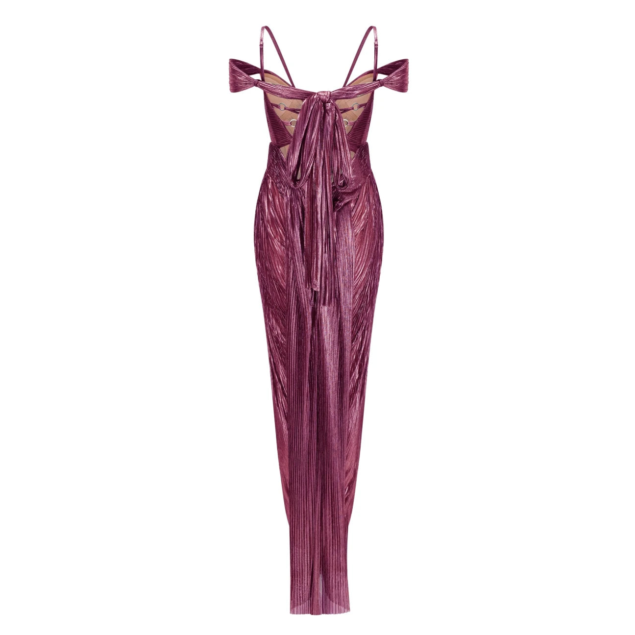 PLUM SATIN PLEATED COLUMN EVENING GOWN