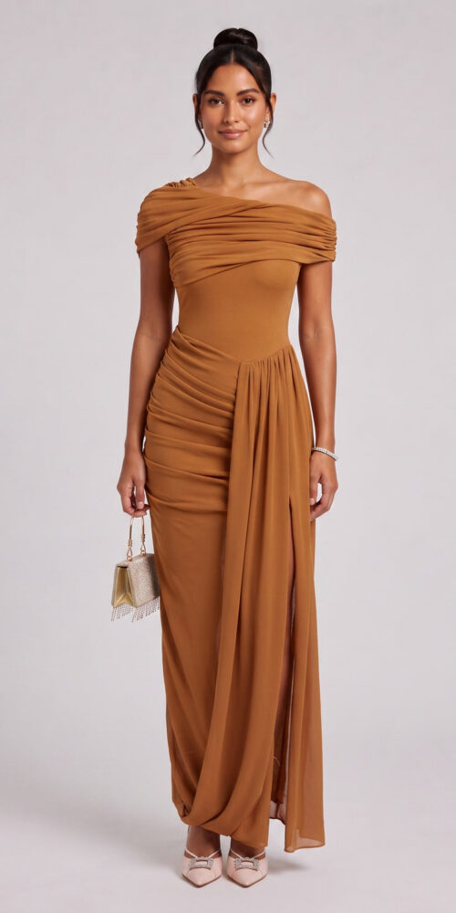 0884adfeed7ef37a OCHRE SHEATH DRESS DRAPED OVERLAY WORK COCKTAIL