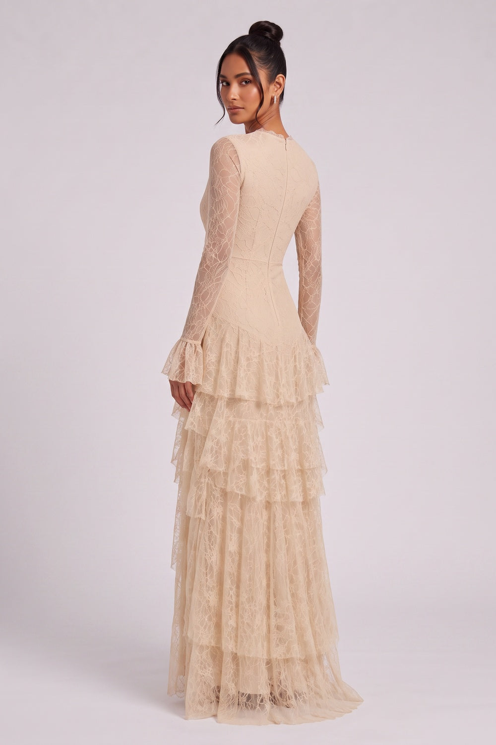 088a73d875989cf8 BEIGE FLORAL LACE FIT-AND-FLARE GOWN – FORMAL