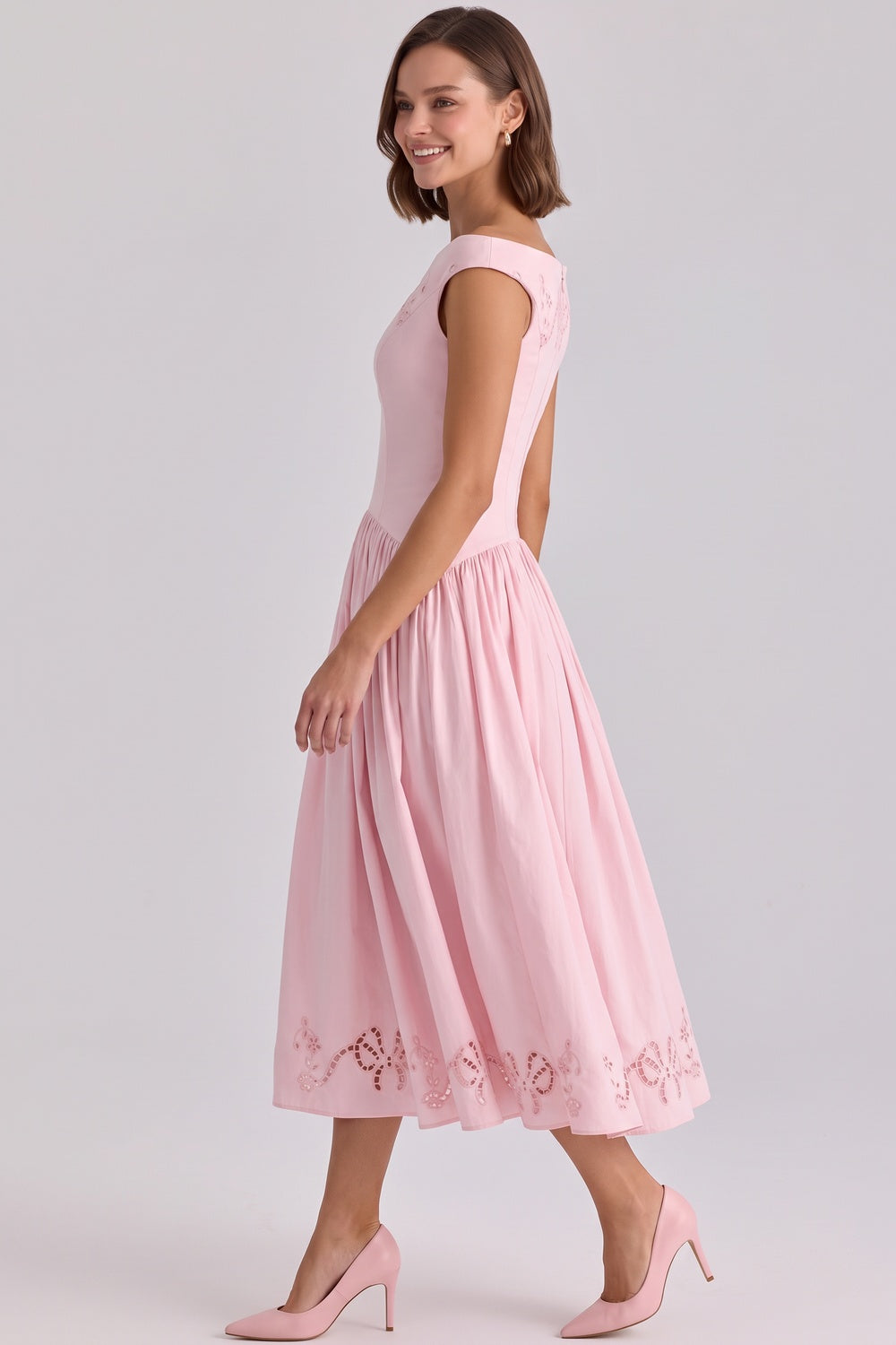 0964be7845d42ef5 LIGHT PINK EYELET FIT-AND-FLARE MIDI DRESS