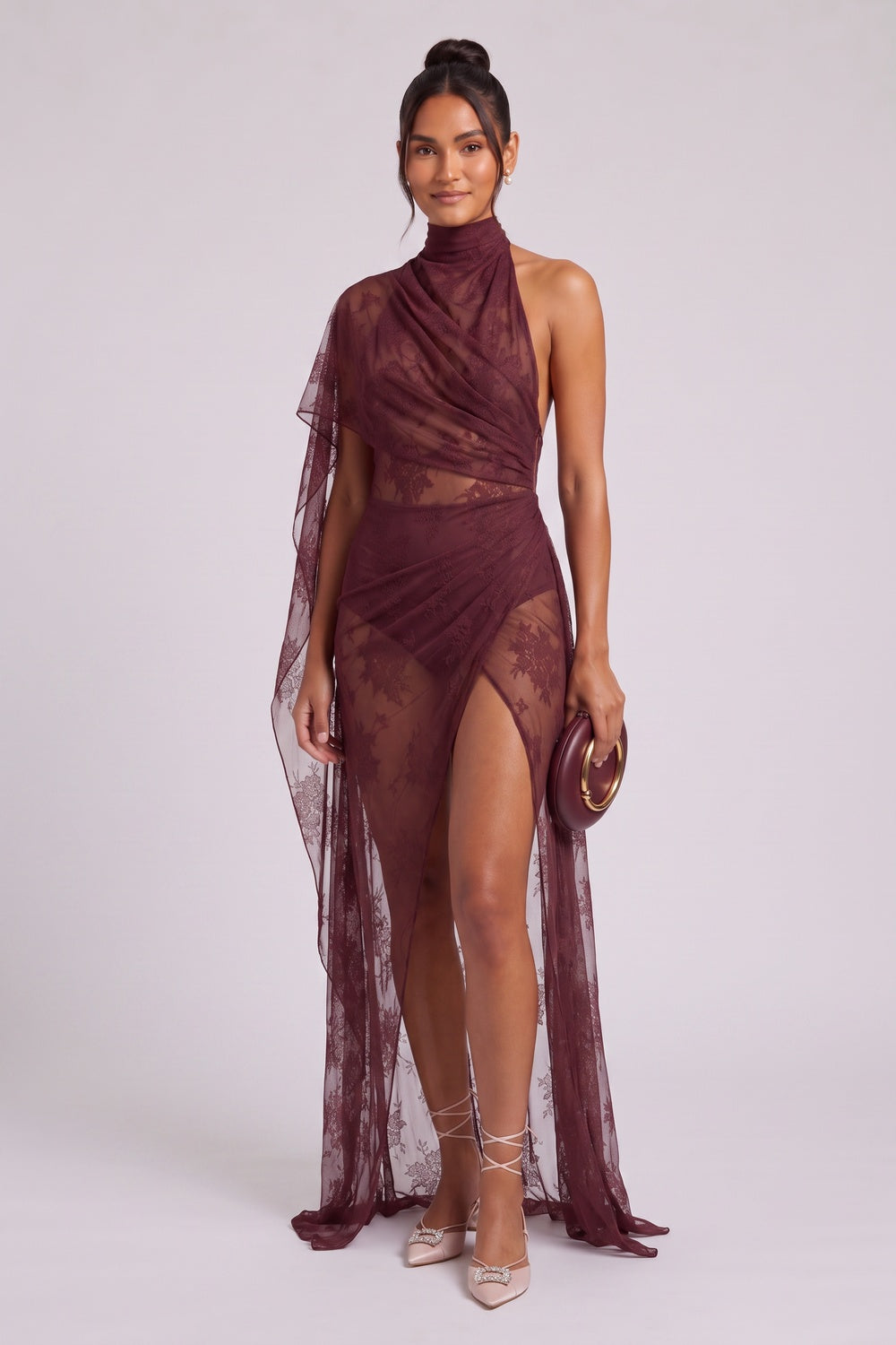 097eb62752e3ca2a BURGUNDY SHEER LACE ASYMMETRIC COLUMN EVENING GOWN