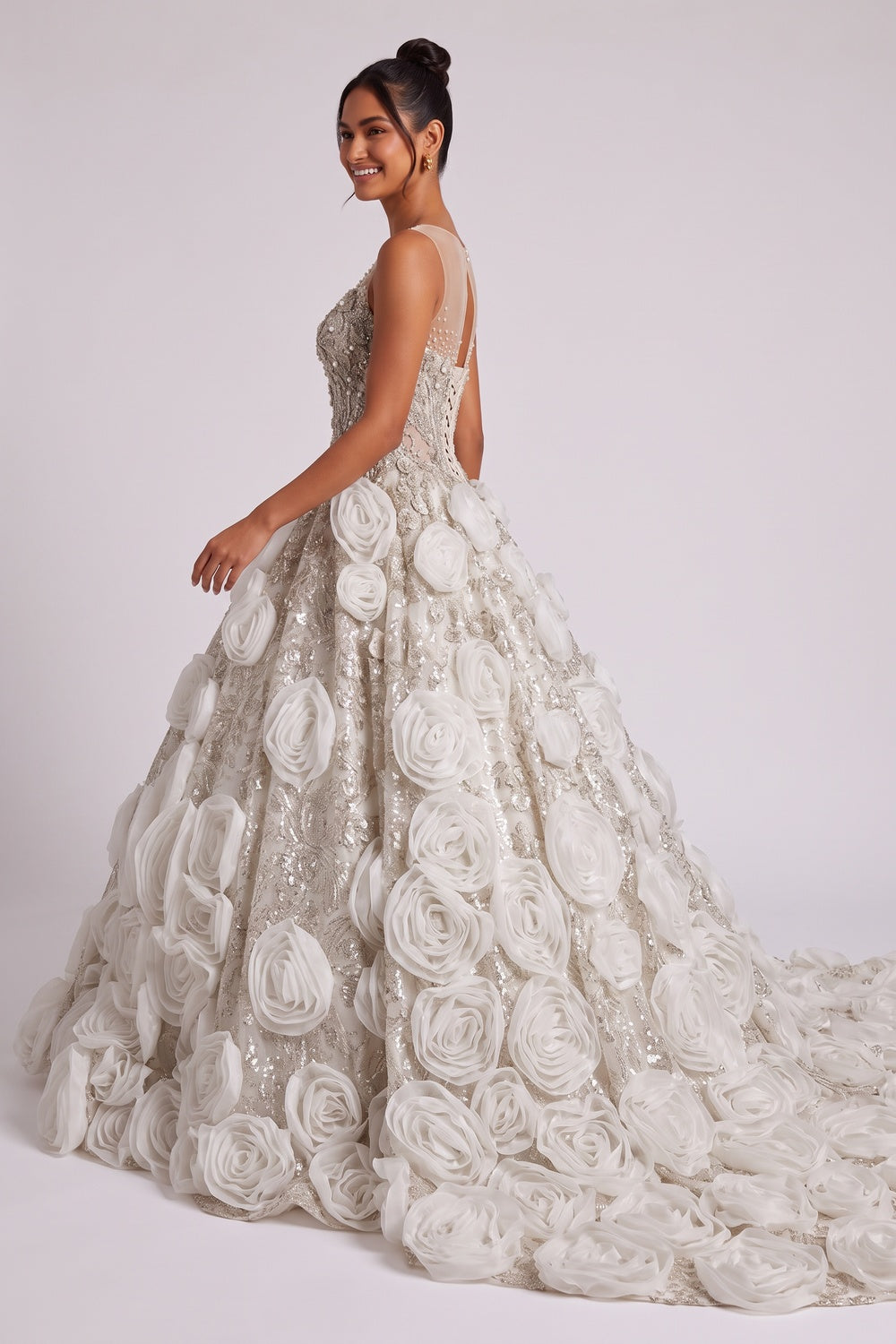 CHAMPAGNE ORGANZA BALLGOWN PROM DRESS 3D FLORAL