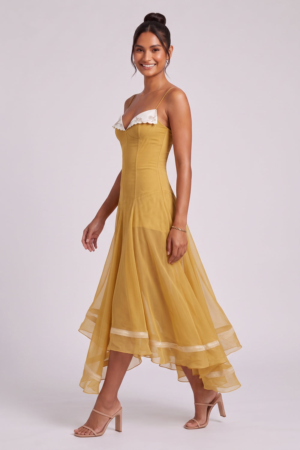 0ab672fbffa5acf2 MUSTARD CHIFFON FIT-AND-FLARE MIDI DRESS SCALLOP COLLAR