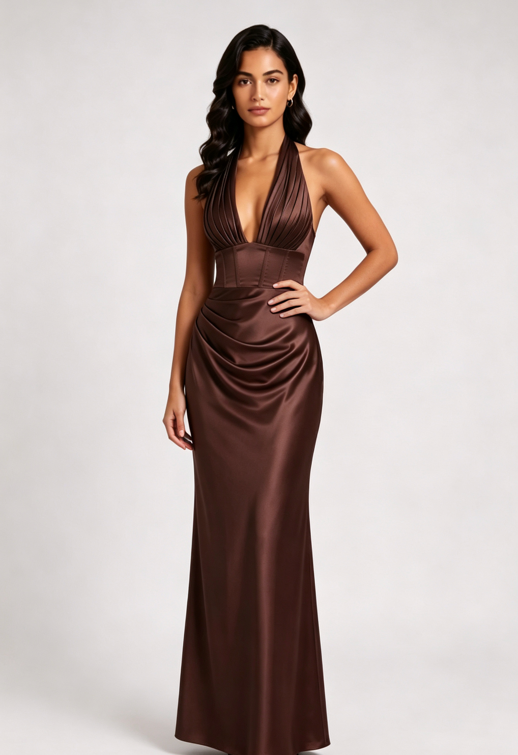 BROWN SATIN COLUMN GOWN - FORMAL EVENING