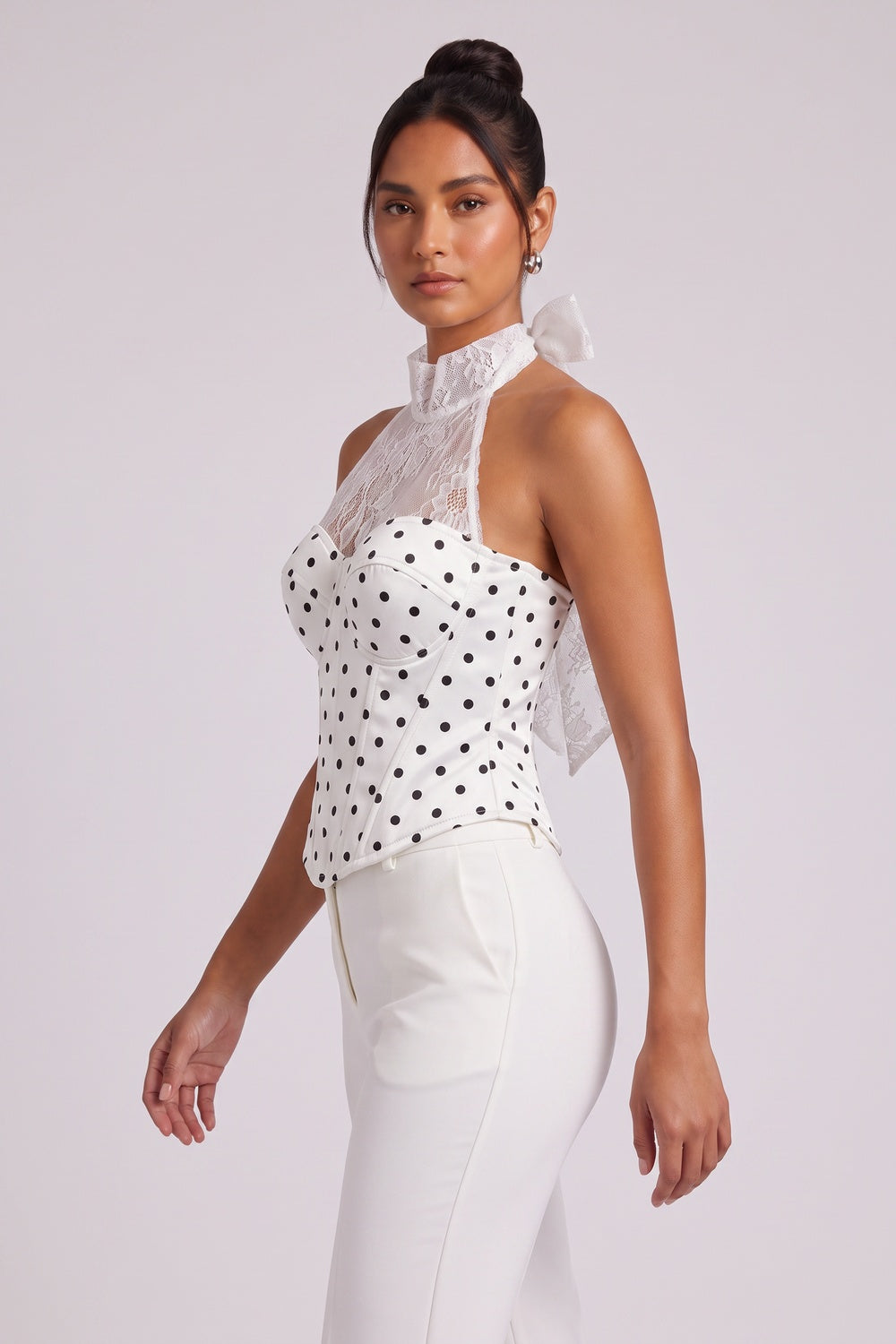 0af5bba28fae41ff WHITE POLKA DOT LACE HALTER CORSET TOP