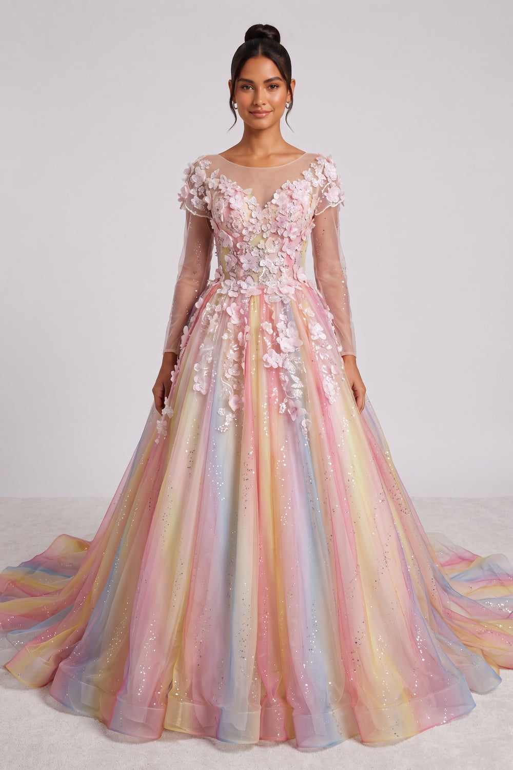 PASTEL TULLE BALLGOWN WITH 3D FLORAL PROM DRESS