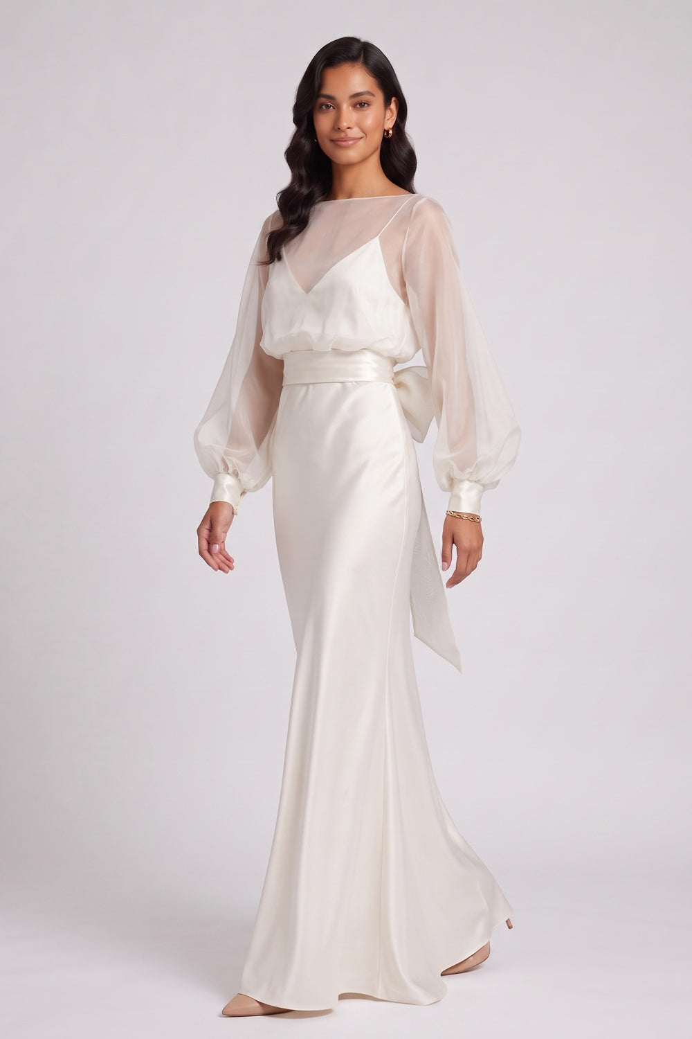 0d590a2b9dc9f7e1 IVORY SILK SATIN COLUMN GOWN WITH FLARED HEM