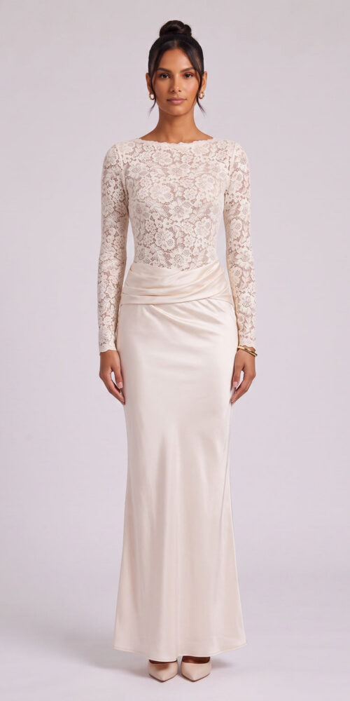 0db44c83fbfa4f4e CREAM FLORAL LACE COLUMN GOWN | WEDDING