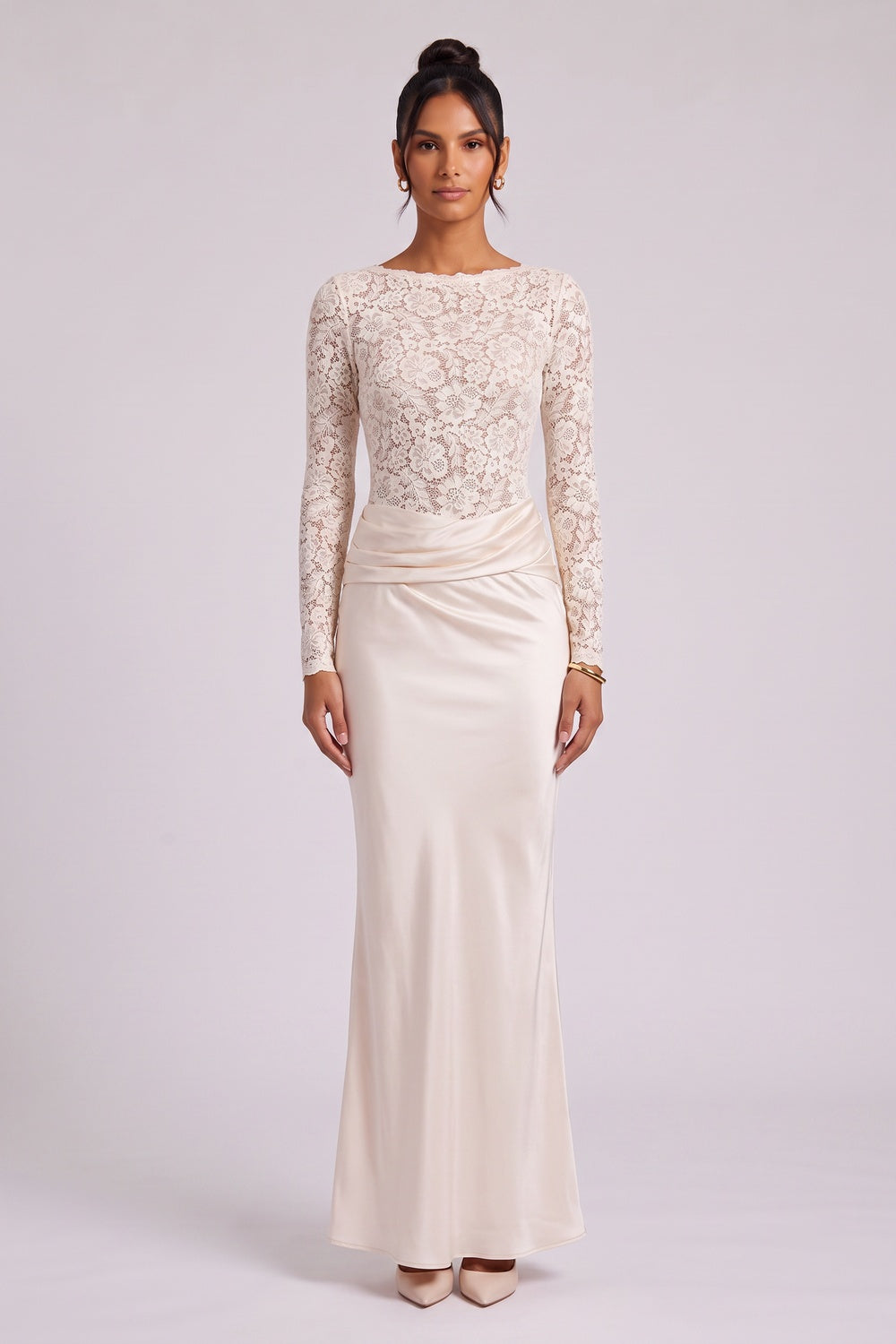 0db44c83fbfa4f4e CREAM FLORAL LACE COLUMN GOWN | WEDDING