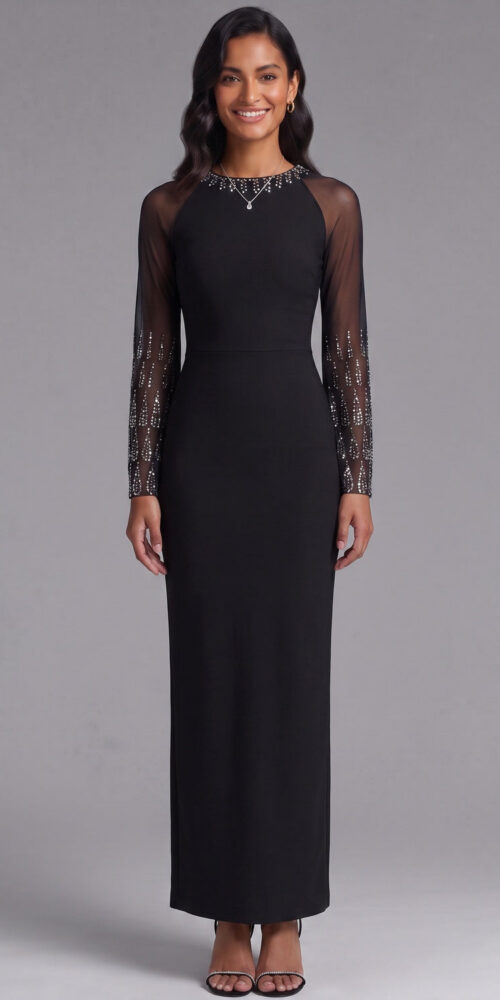 BLACK SHEER-SLEEVE EMBELLISHED SHEATH MAXI DRESS