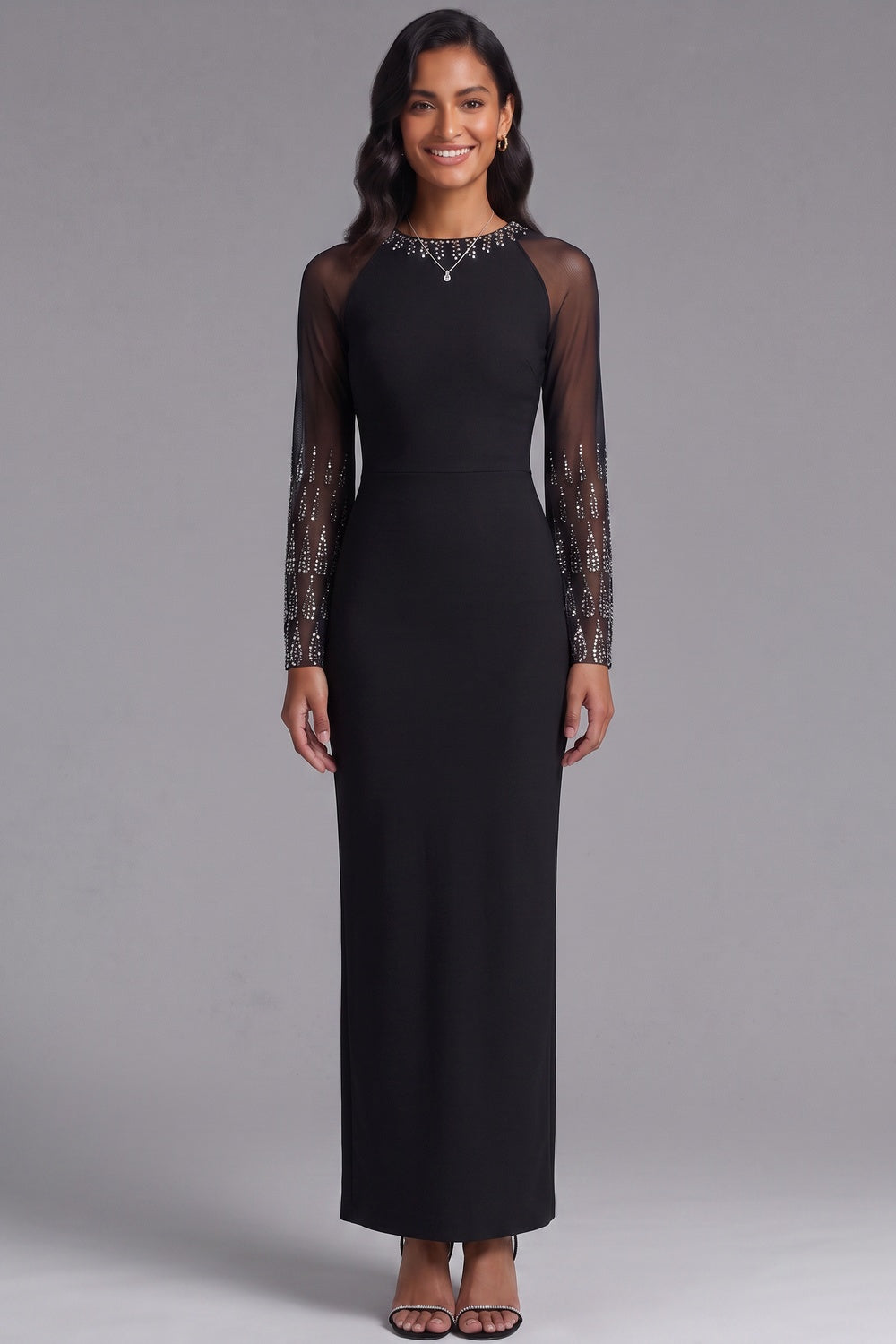 0e73e3bf9ccd4c73 BLACK SHEER-SLEEVE EMBELLISHED SHEATH MAXI DRESS