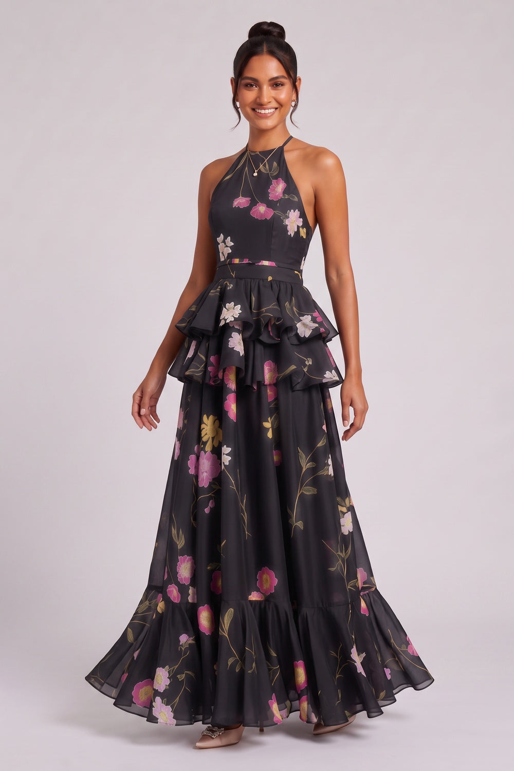 0f1087a889bd315b BLACK CHIFFON A-LINE TIERED GOWN FOR FORMAL EVENING