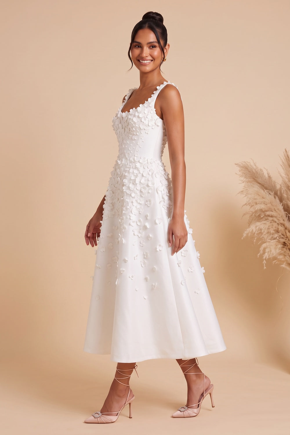 WHITE SATIN A-LINE MIDI DRESS | 3D FLORAL WEDDING GUEST