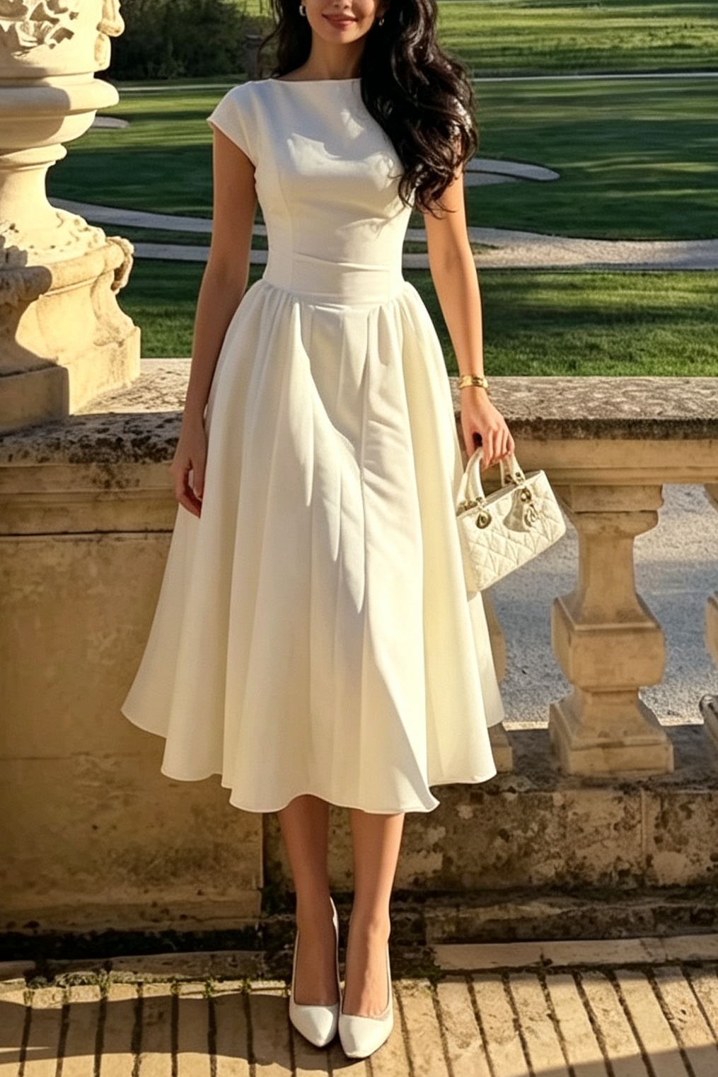 10_0c6683ef-9700-4148-bb40-a867250f3876 IVORY SATIN FIT-AND-FLARE MIDI DRESS – WEDDING GUEST