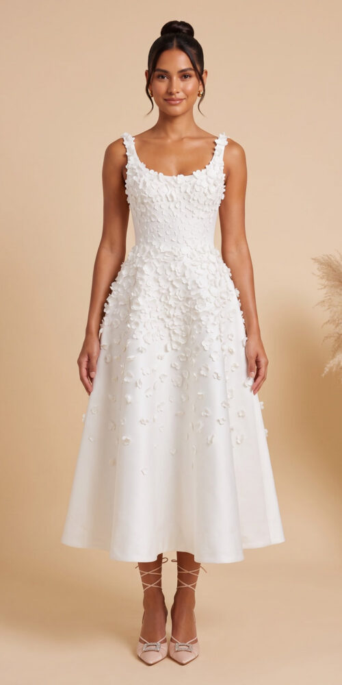 112d0eb93fa5aa21 WHITE SATIN A-LINE MIDI DRESS | 3D FLORAL WEDDING GUEST