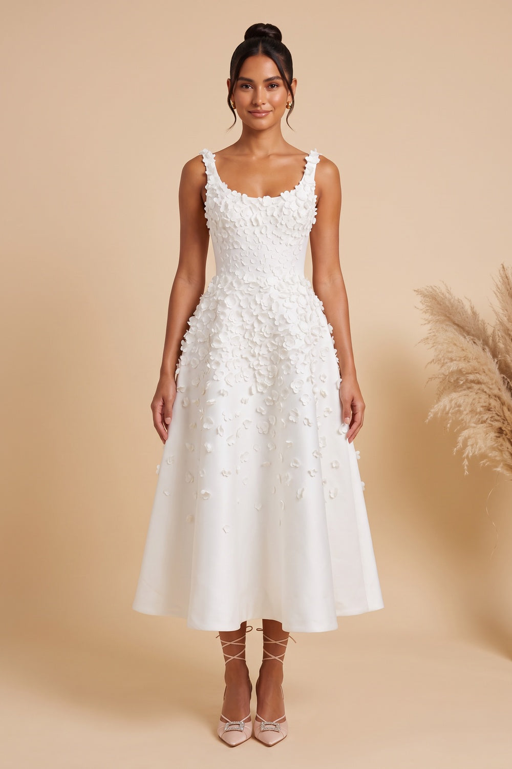 WHITE SATIN A-LINE MIDI DRESS | 3D FLORAL WEDDING GUEST