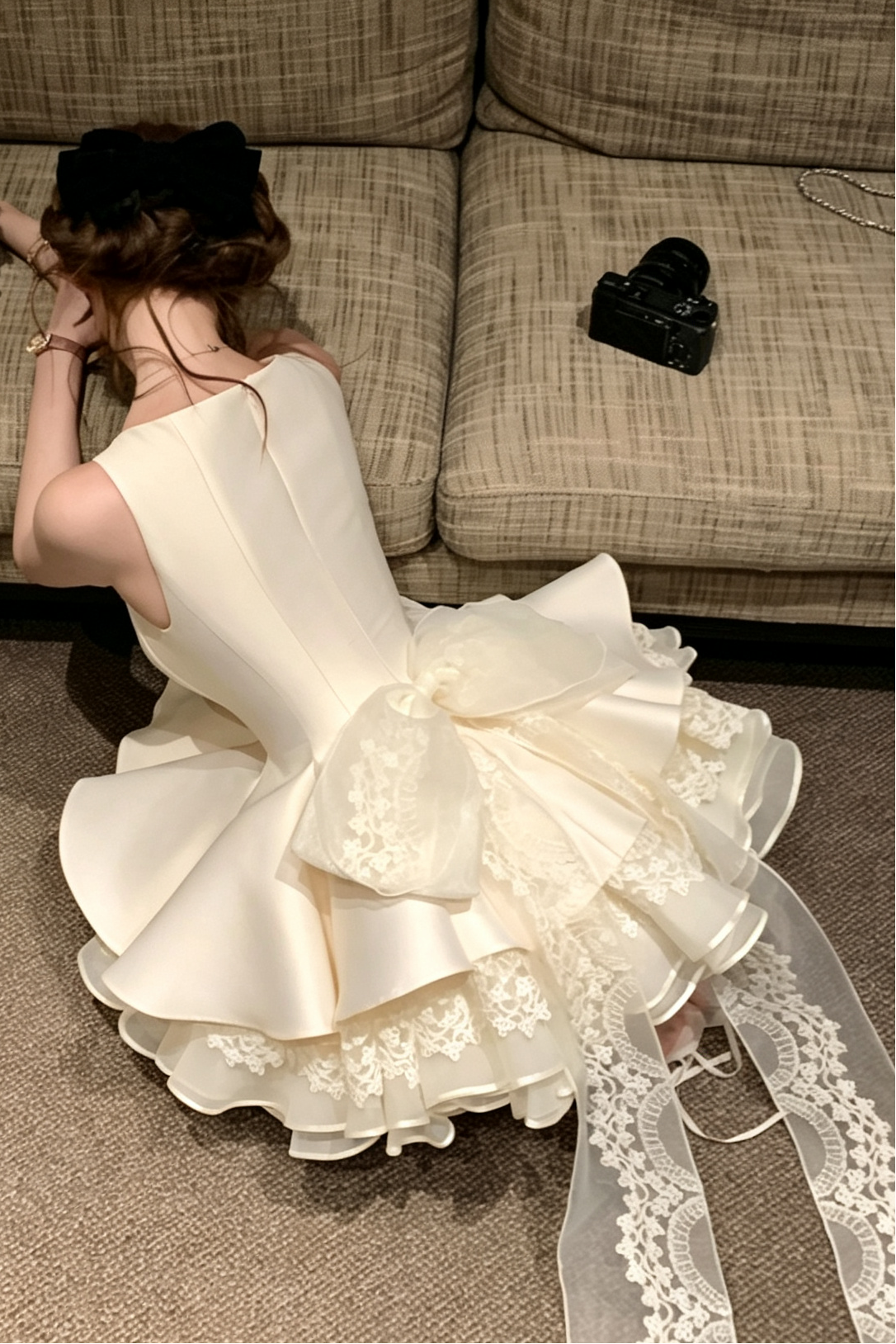 CREAM SATIN FIT-AND-FLARE MINI DRESS – RUFFLE PARTY