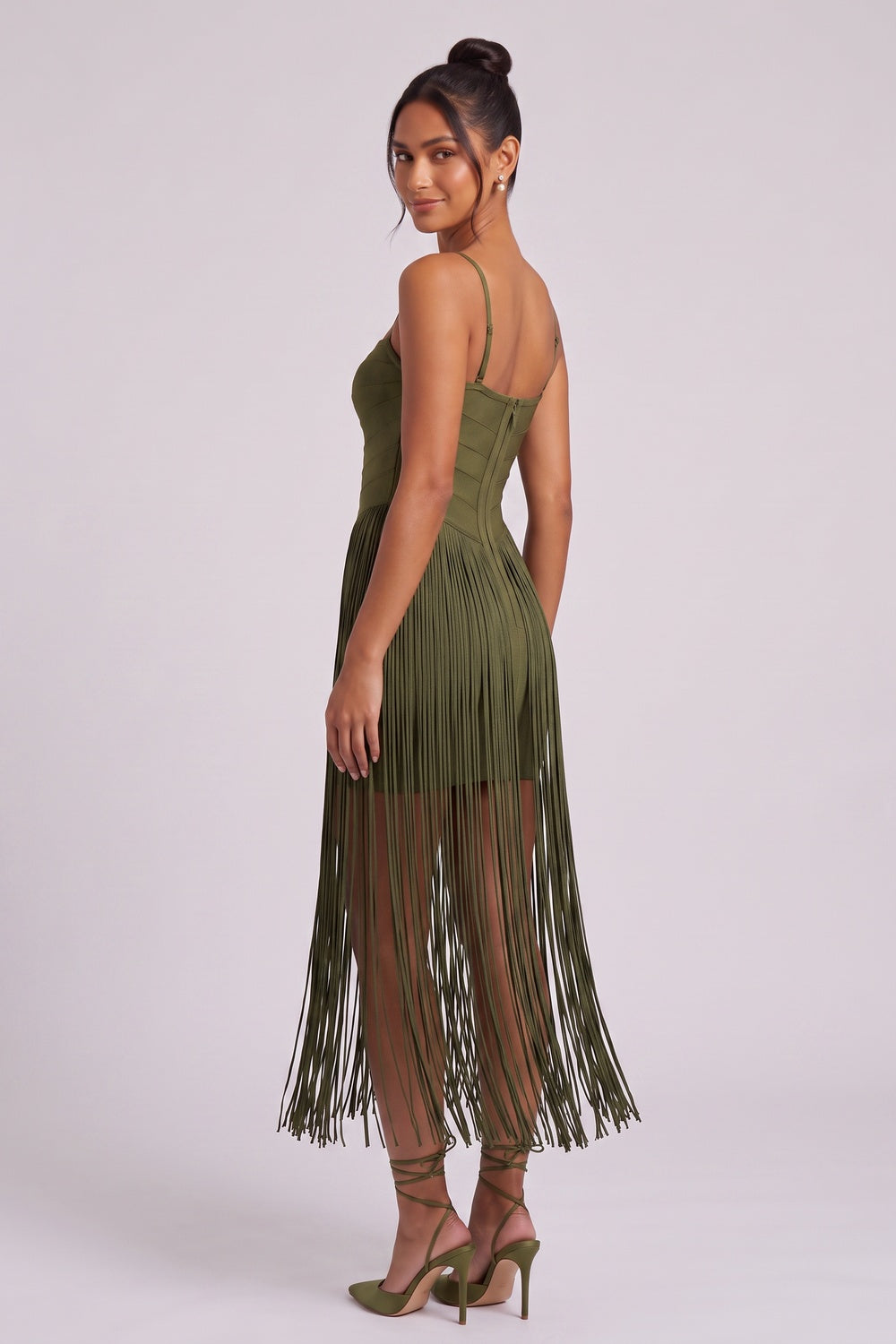 11b85ec0b691edba OLIVE STRETCH KNIT FRINGE BODYCON DRESS