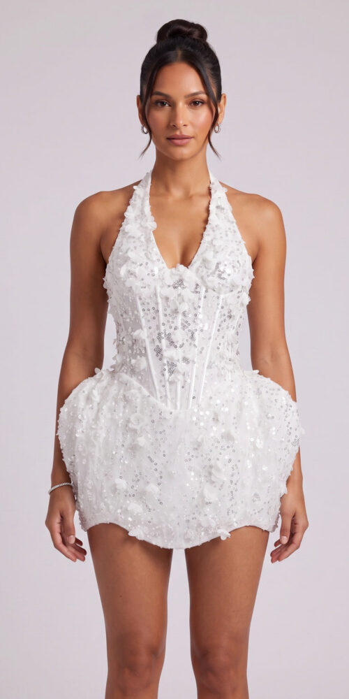 WHITE CORSET MINI DRESS 3D FLORAL COCKTAIL