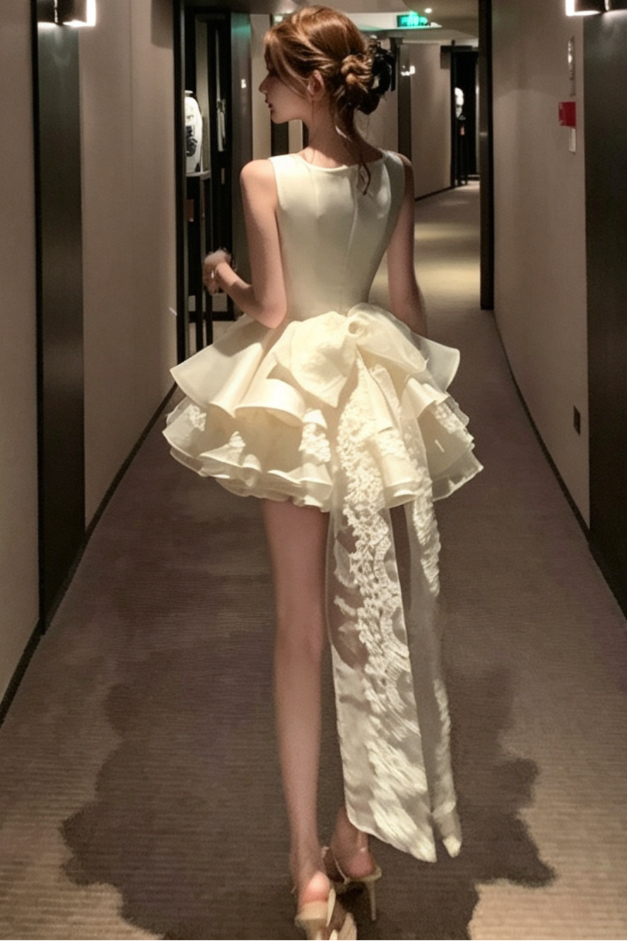 CREAM SATIN FIT-AND-FLARE MINI DRESS – RUFFLE PARTY
