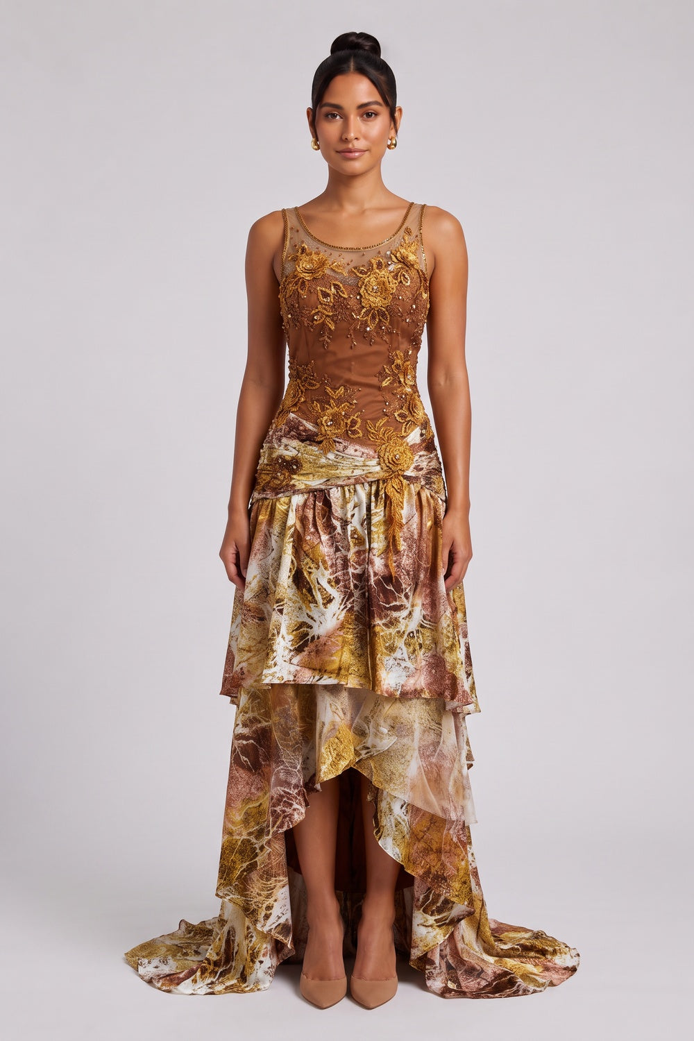 12d79c6f99ed72cf BROWN SILK ASYMMETRIC TIERED MAXI GOWN DRESS