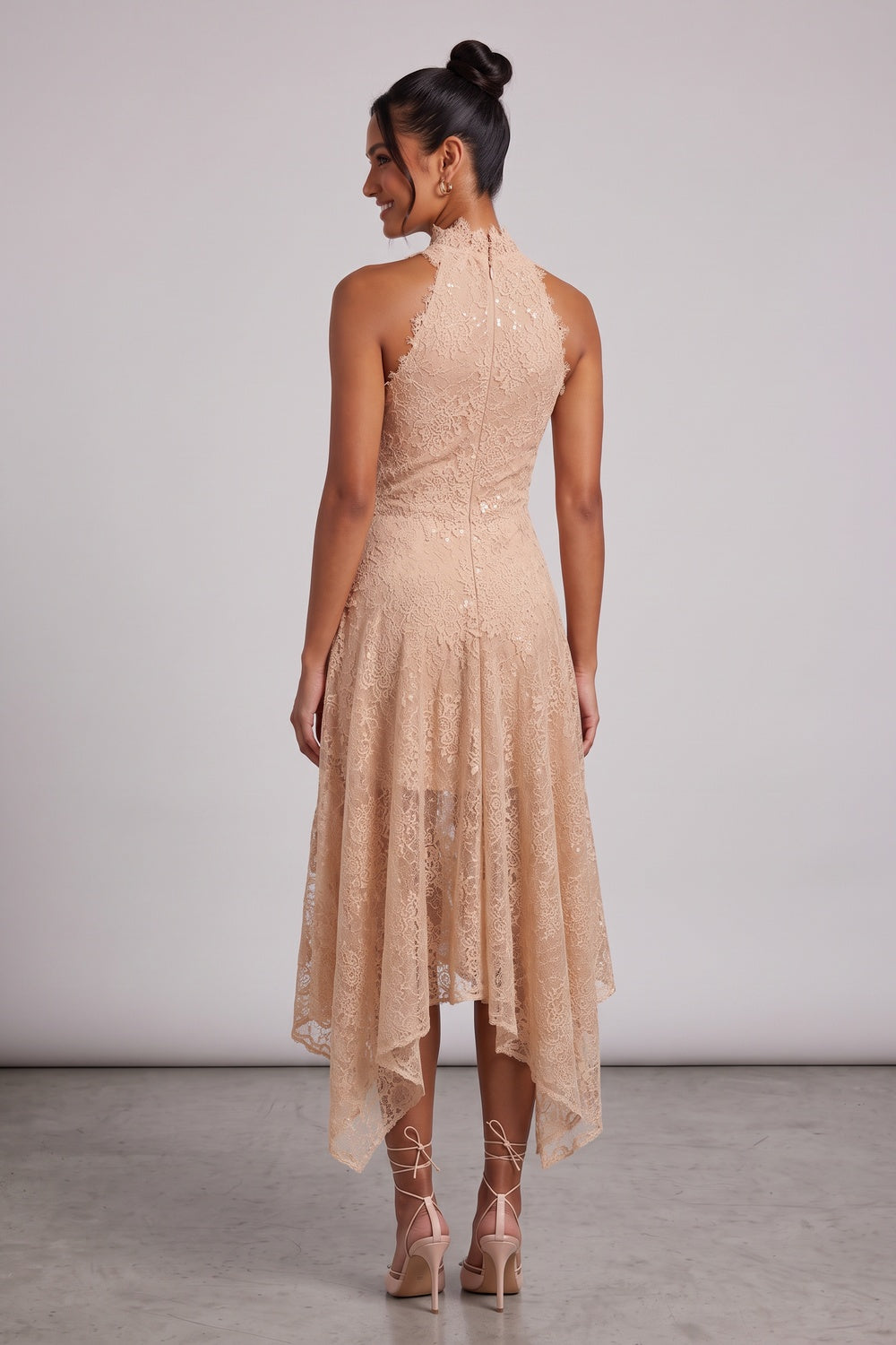 1334fdf70f8a7122 BEIGE FLORAL LACE A-LINE MIDI DRESS – WEDDING GUEST