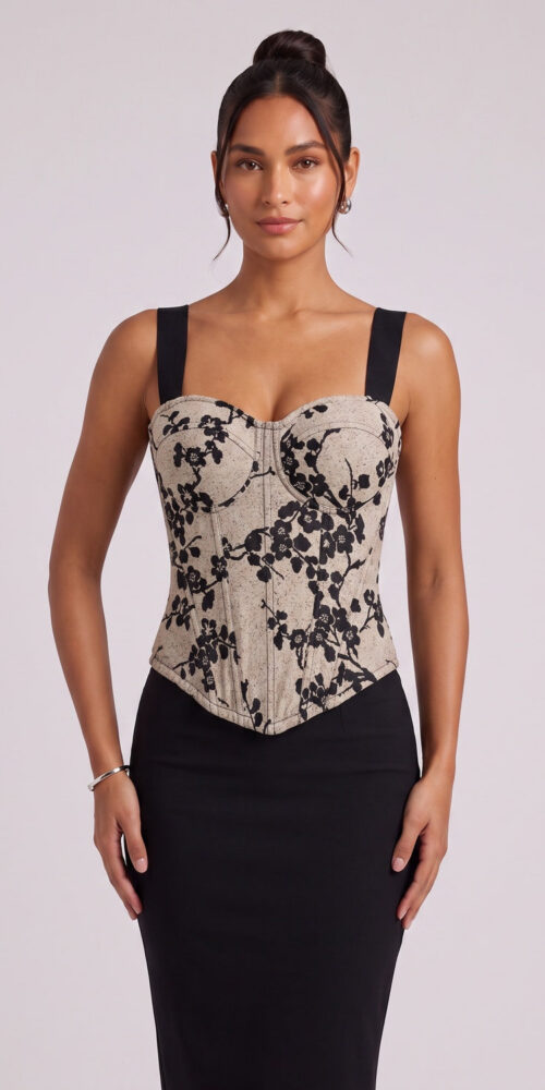 138169170f5e50cb OATMEAL WOVEN CORSET BUSTIER TOP - STRUCTURED LINEN BLEND