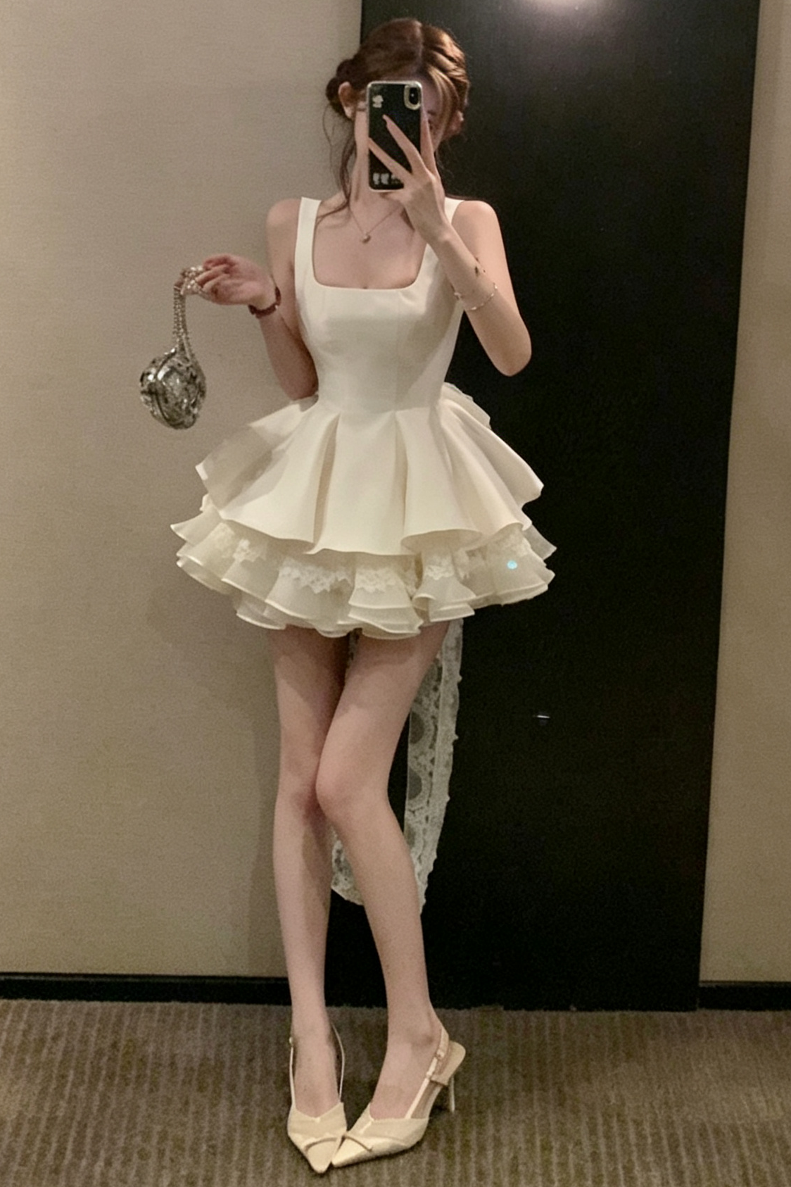 CREAM SATIN FIT-AND-FLARE MINI DRESS – RUFFLE PARTY