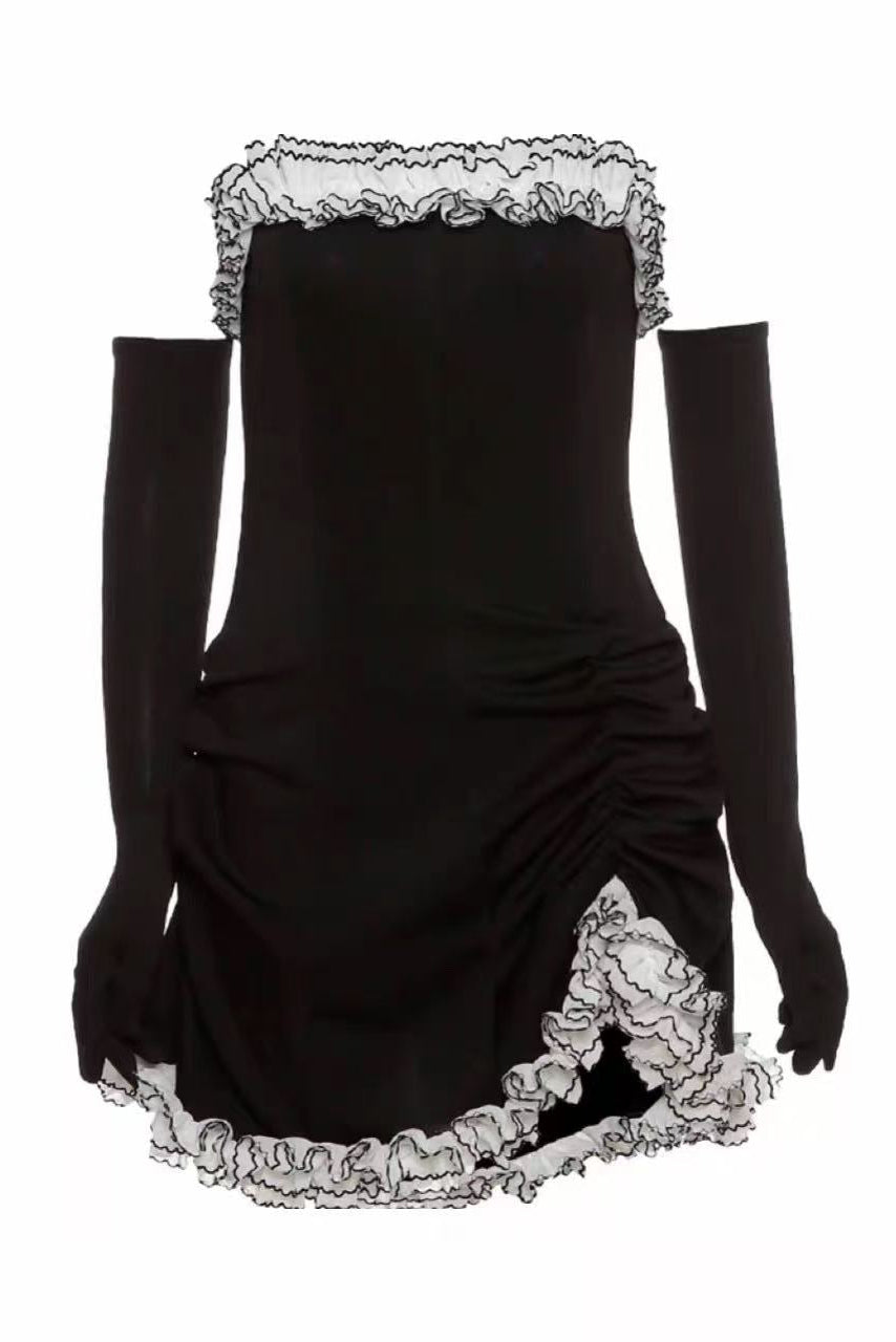 13b9772adbece30861f542f1e29f9a6a STRAPLESS RUFFLE BODYCON MINI DRESS & GLOVES