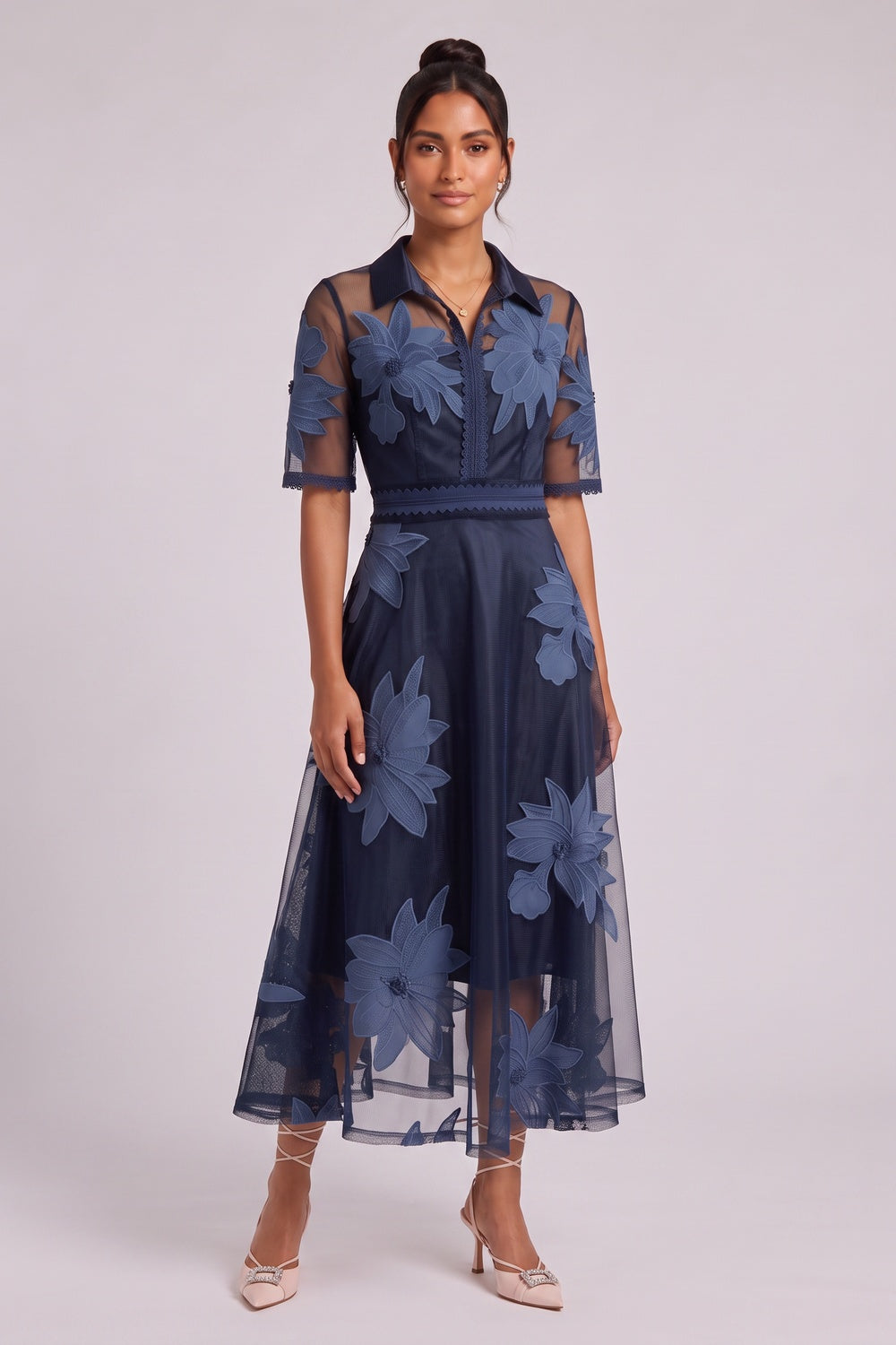 13e58edeefe2a6c4 NAVY ORGANZA A-LINE MIDI DRESS – FLORAL EMBROIDERY