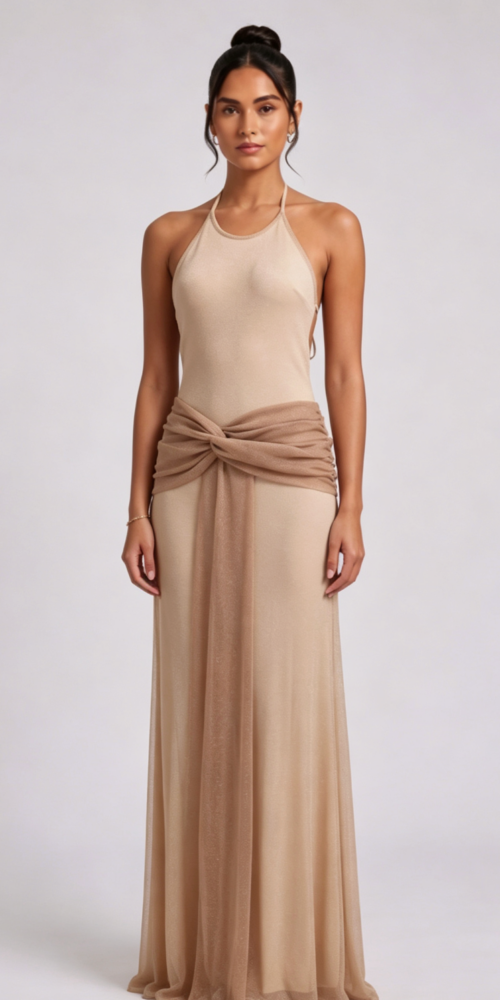 14142f2df28fff6fa9fb7b66ffee11c3 BEIGE STRETCH KNIT COLUMN EVENING GOWN