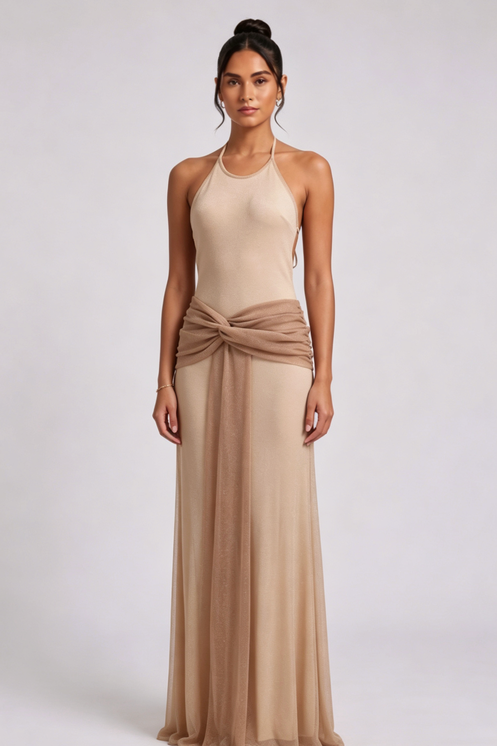 14142f2df28fff6fa9fb7b66ffee11c3 BEIGE STRETCH KNIT COLUMN EVENING GOWN