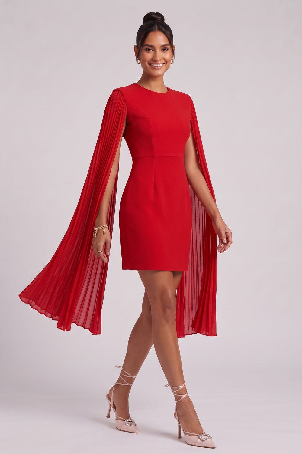 141a6dde60f9715c RED CREPE SHEATH DRESS CAPE SLEEVES COCKTAIL