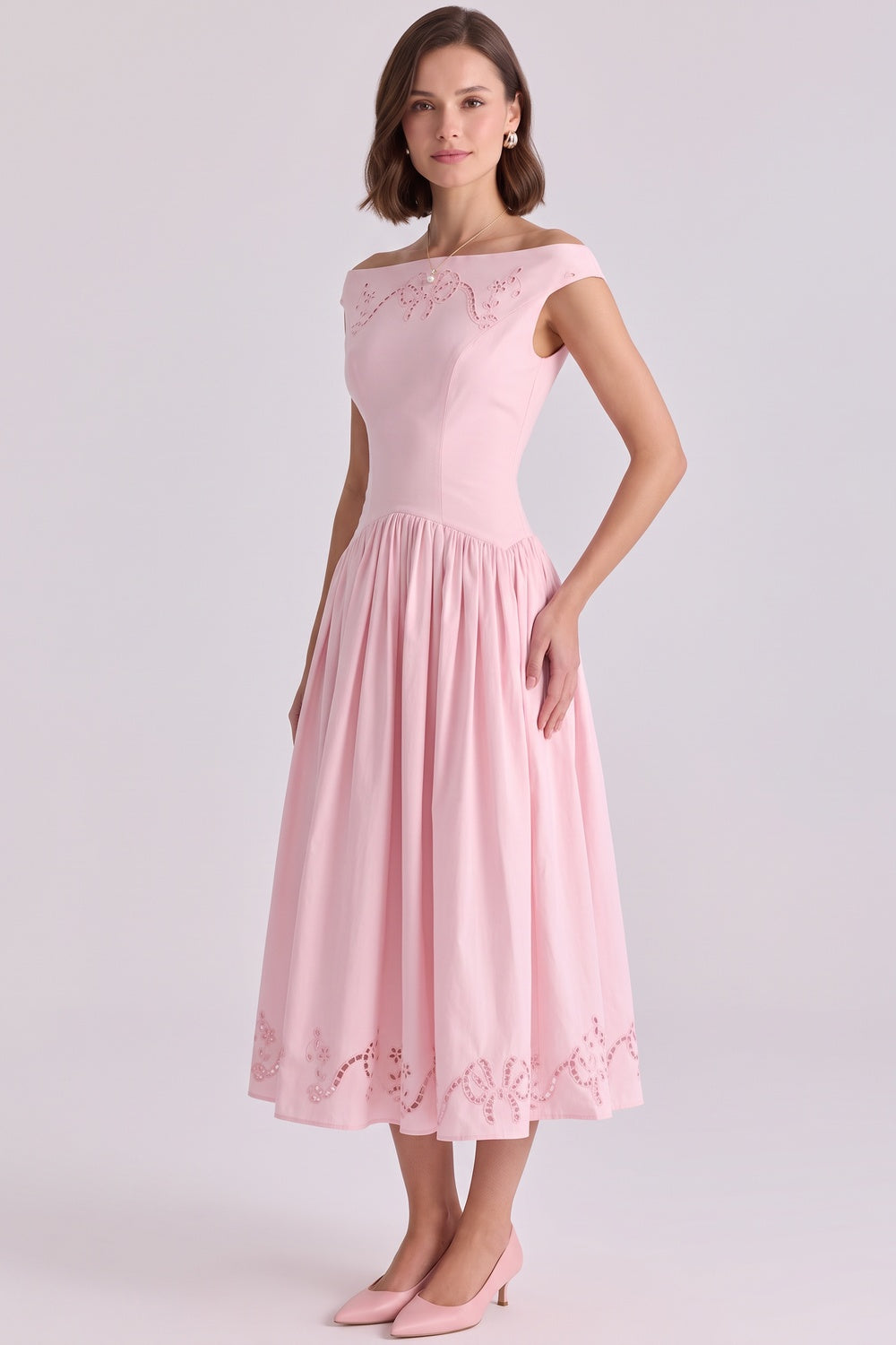 163ea7c157de0f57 LIGHT PINK EYELET FIT-AND-FLARE MIDI DRESS
