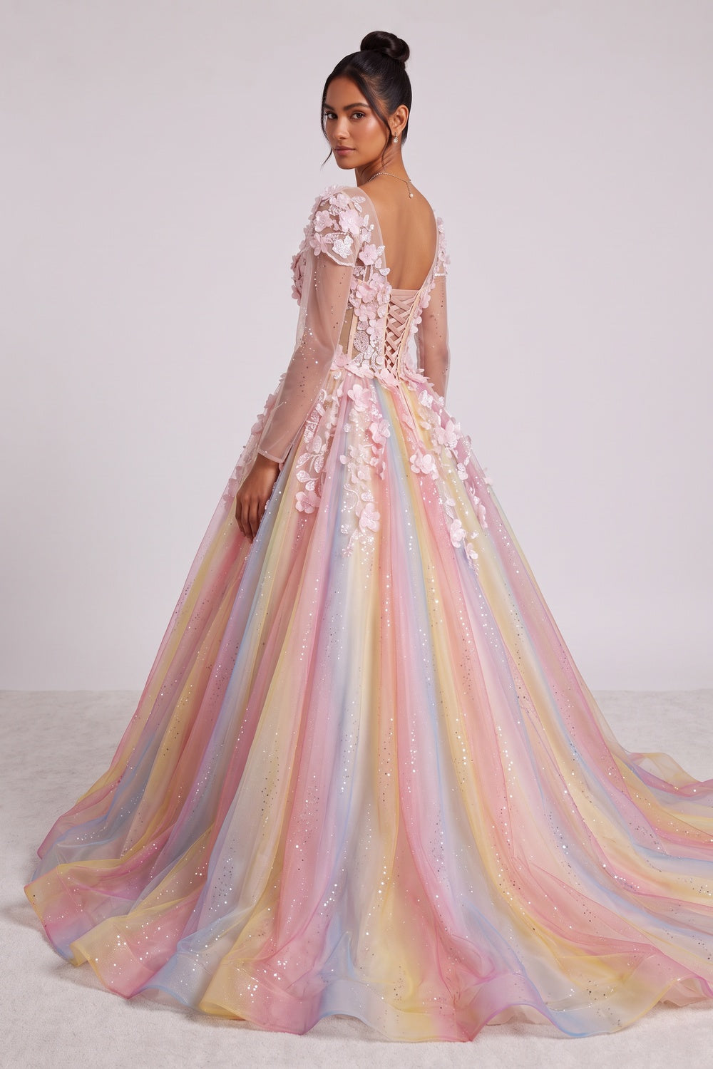 PASTEL TULLE BALLGOWN WITH 3D FLORAL PROM DRESS