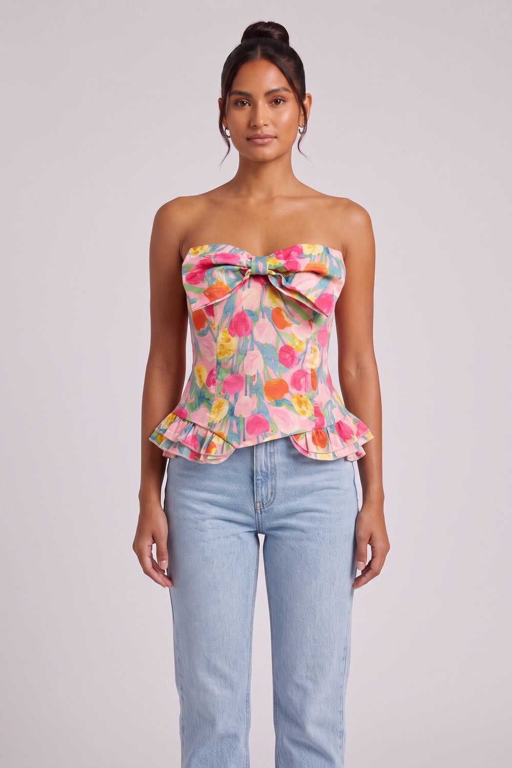 16ae4556e1e19d84 PINK FLORAL STRAPLESS CORSET PEPLUM TOP