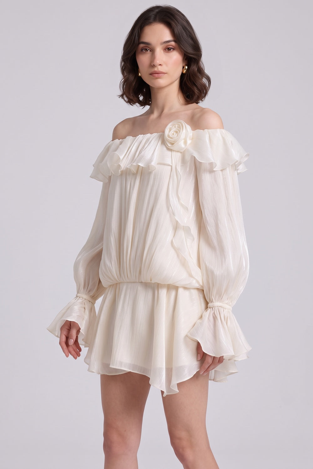 IVORY CHIFFON BLOUSON MINI DRESS – FLARE SKIRT