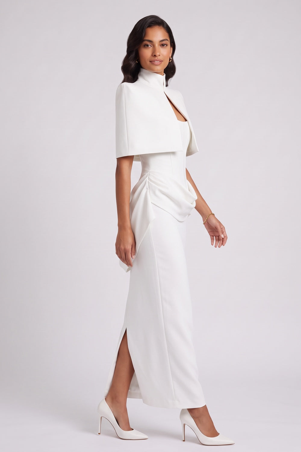 WHITE CREPE COLUMN TWO-PIECE GOWN ARCHITECTURAL SHOULDERS