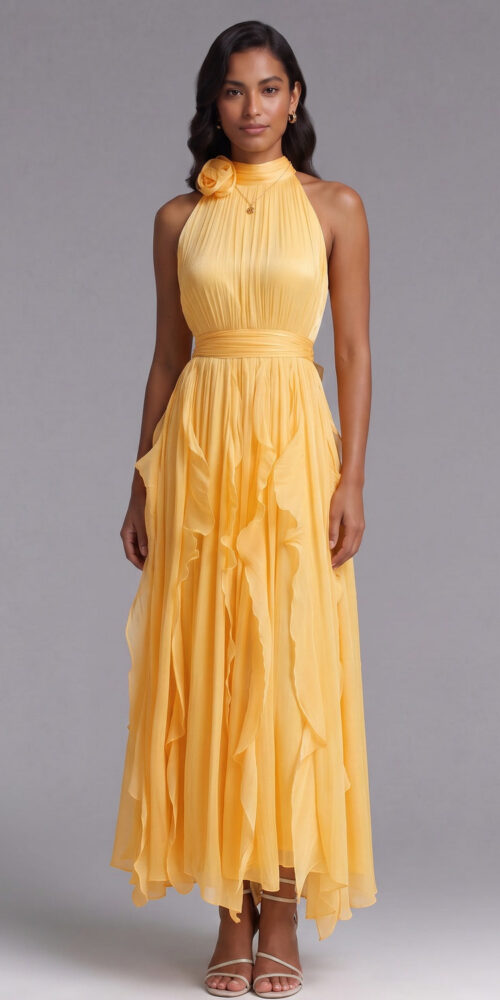 188d766caf2cb538 YELLOW CHIFFON HALTER A-LINE MAXI DRESS