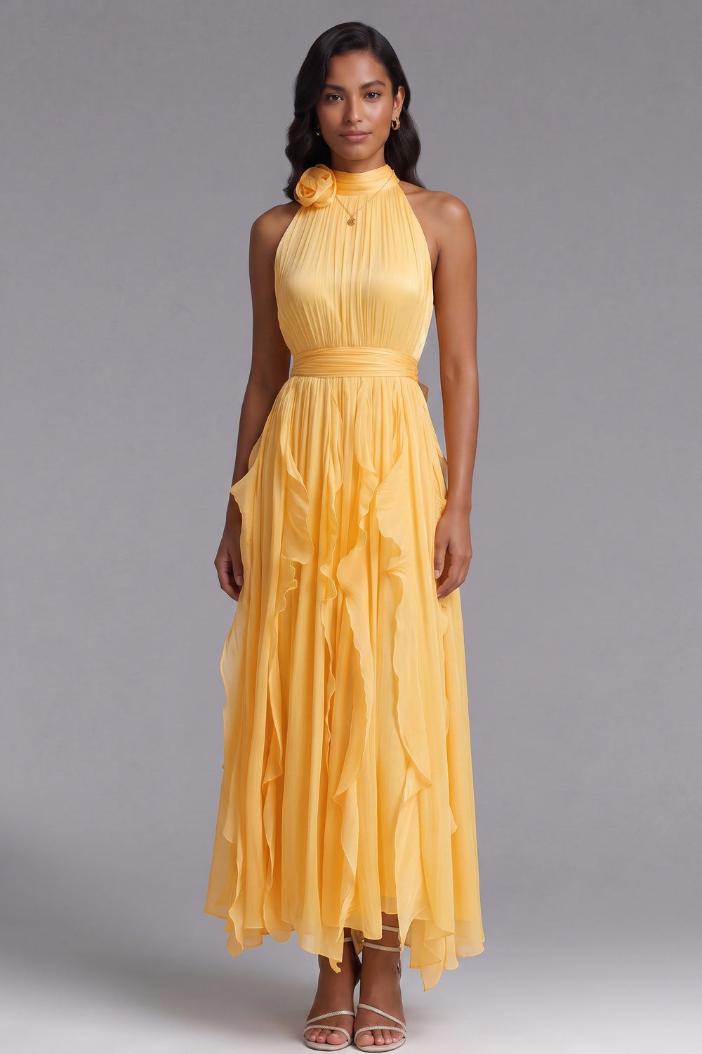 YELLOW CHIFFON HALTER A-LINE MAXI DRESS