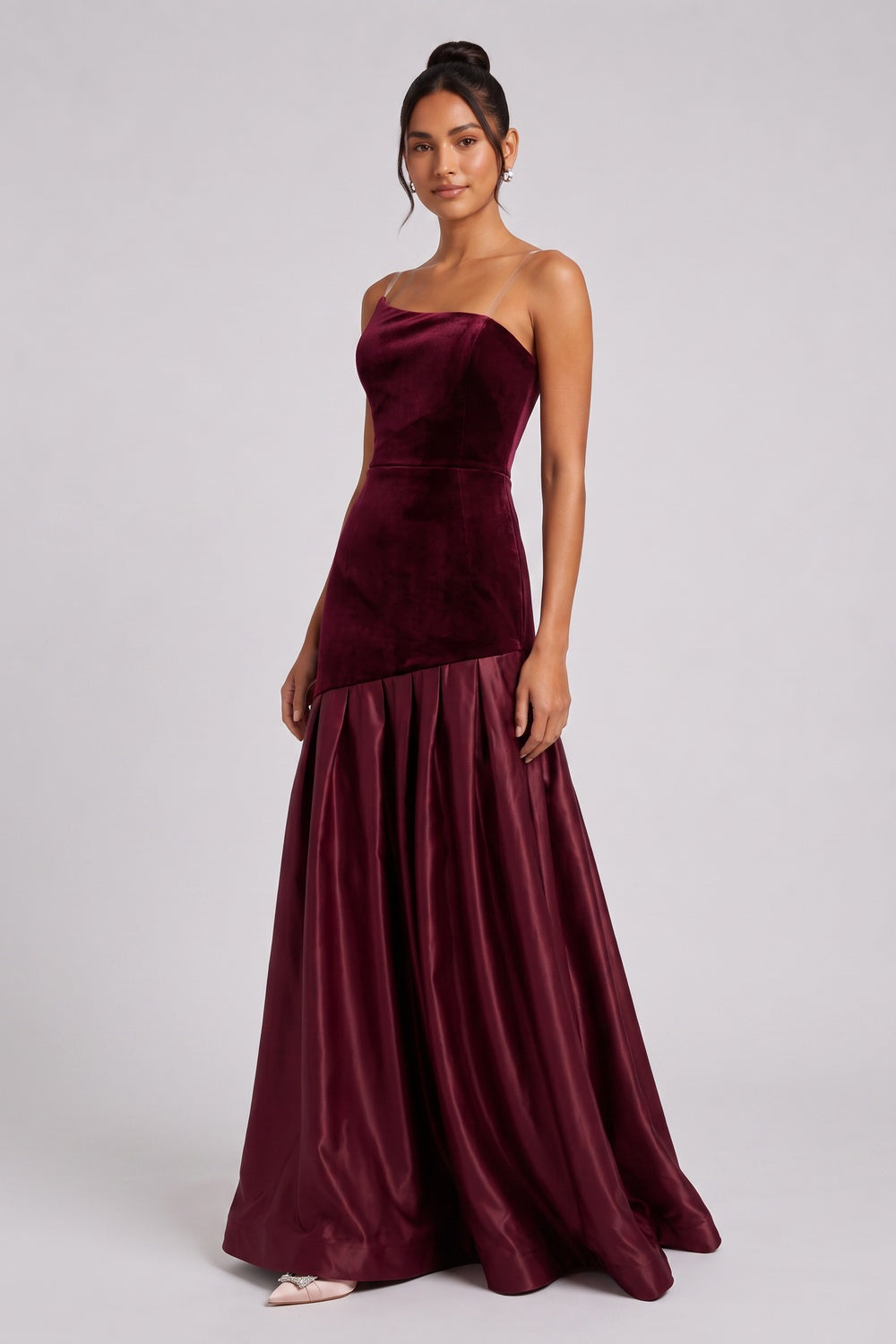 BURGUNDY VELVET ASYMMETRIC A-LINE GOWN – FORMAL