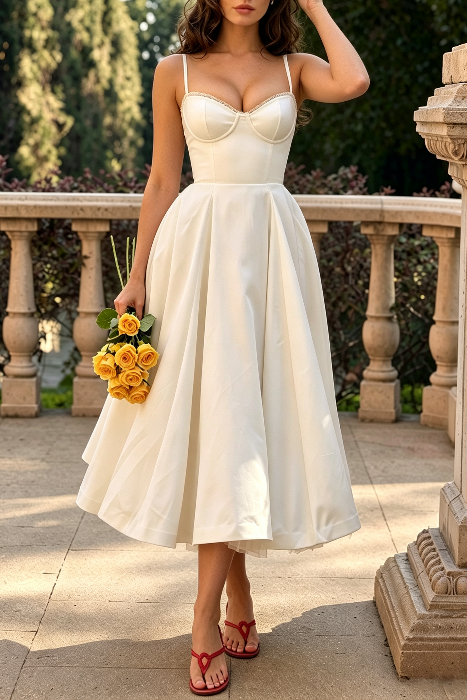 1_de96e6e5-b176-4091-9de0-43da20e01a35 IVORY SATIN MIDI FIT-AND-FLARE WEDDING GUEST DRESS