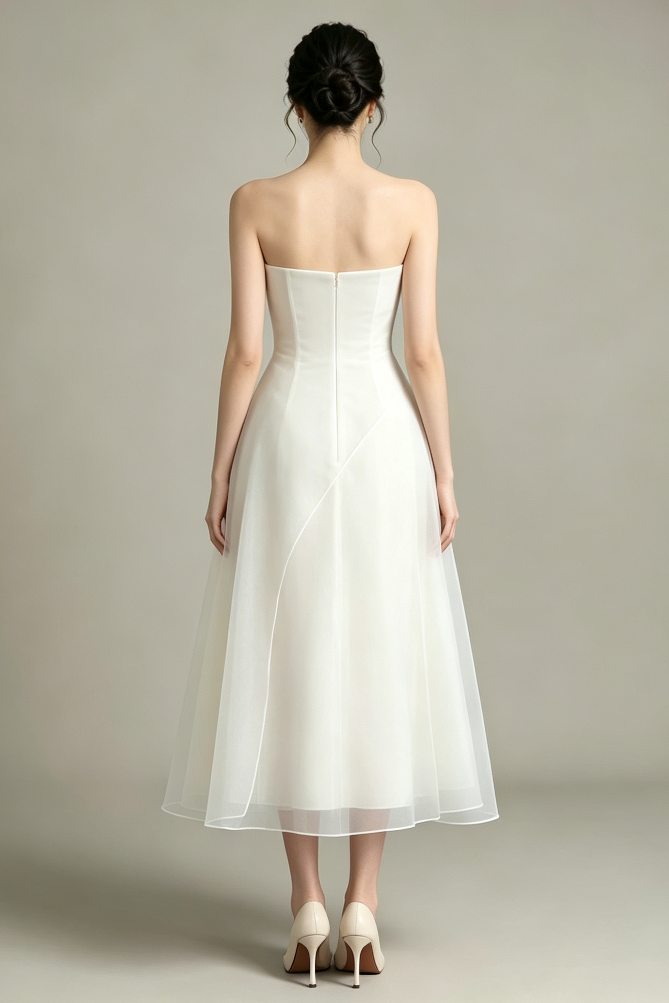 STRAPLESS ORGANZA MIDI DRESS – WHITE PROM & WEDDING