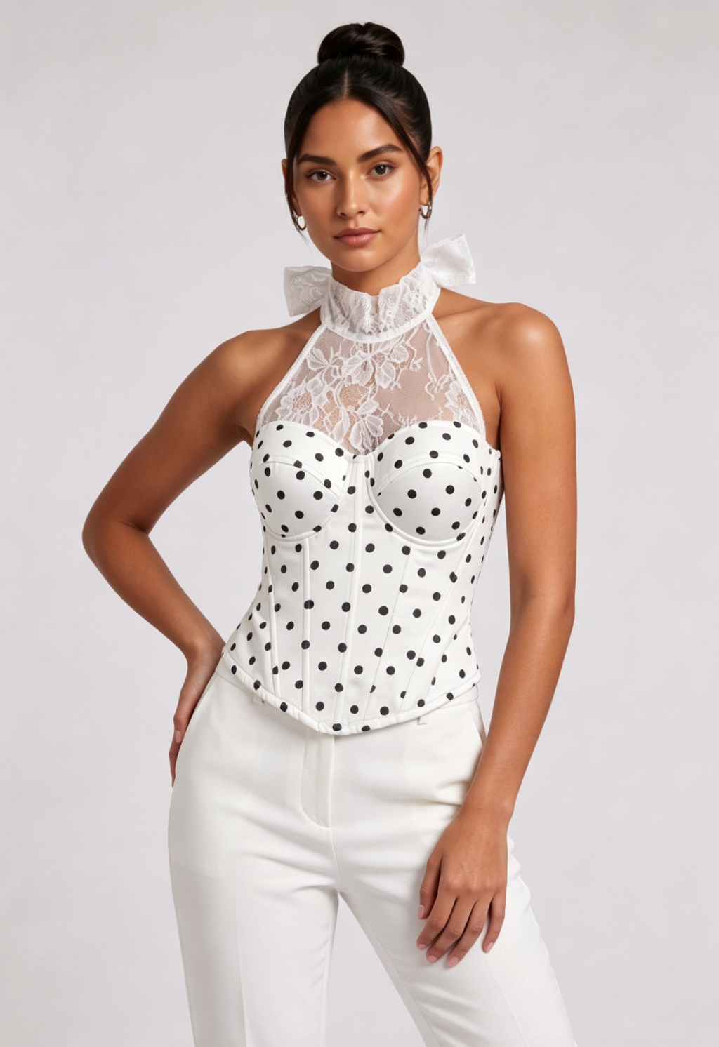 1ac257be71f9438b5faae53d8220d6de WHITE POLKA DOT LACE HALTER CORSET TOP