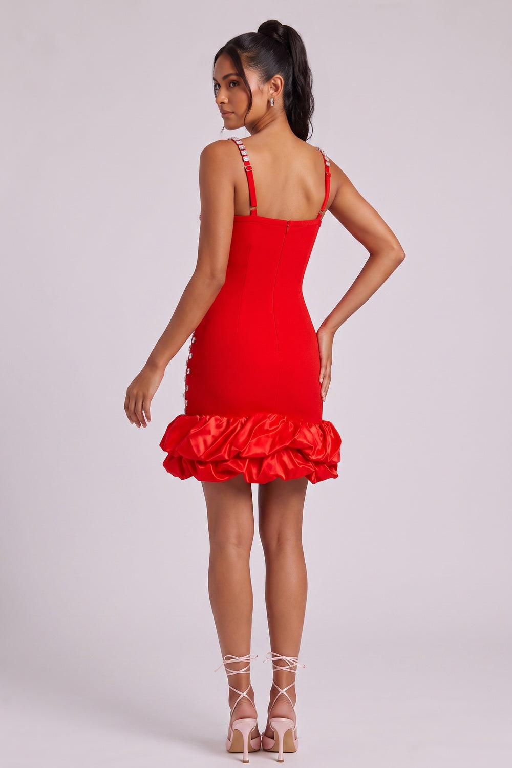 RED CREPE BODYCON BUBBLE HEM COCKTAIL DRESS